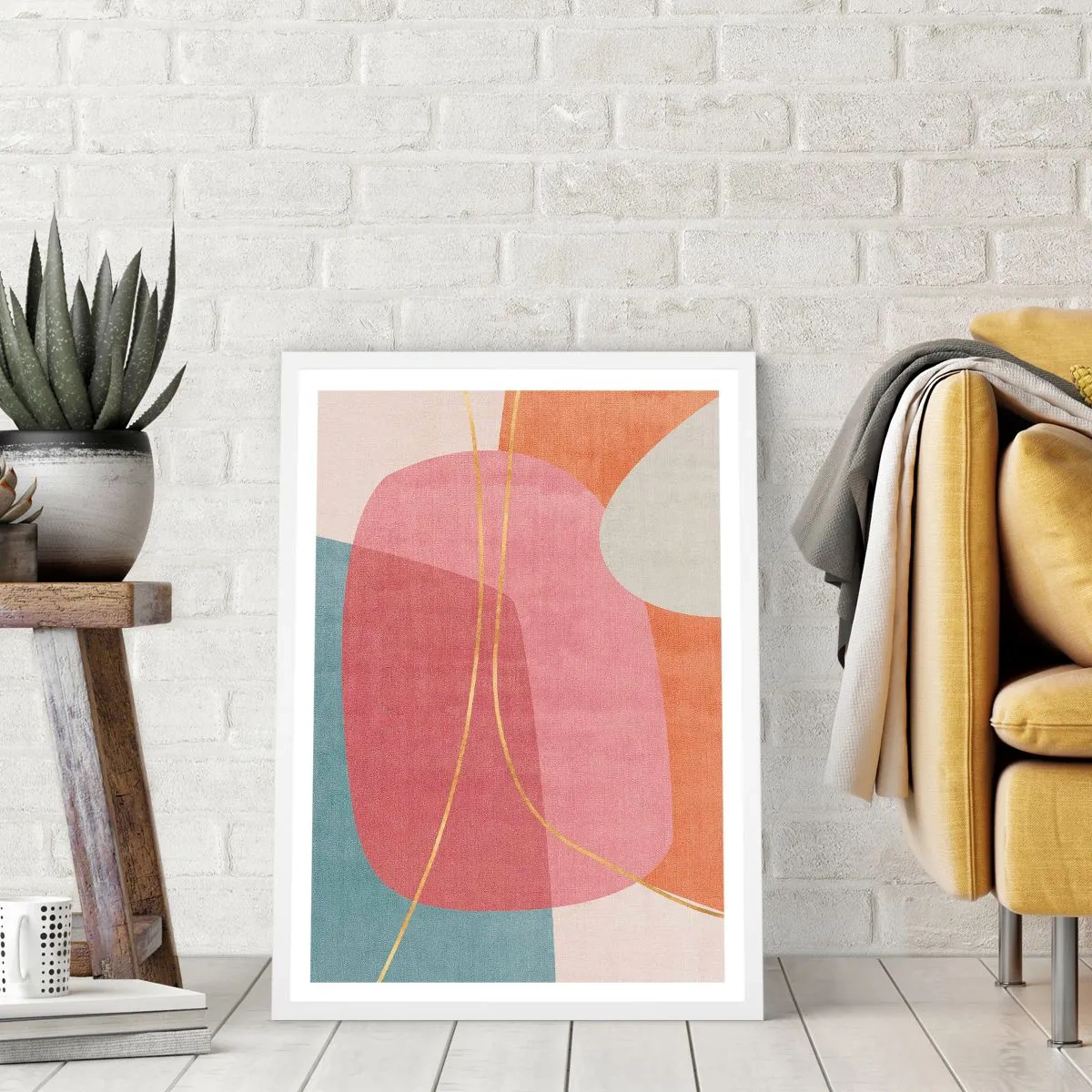 Pôster em moldura branca - Composição pastel com fio dourado - 50x70 cm