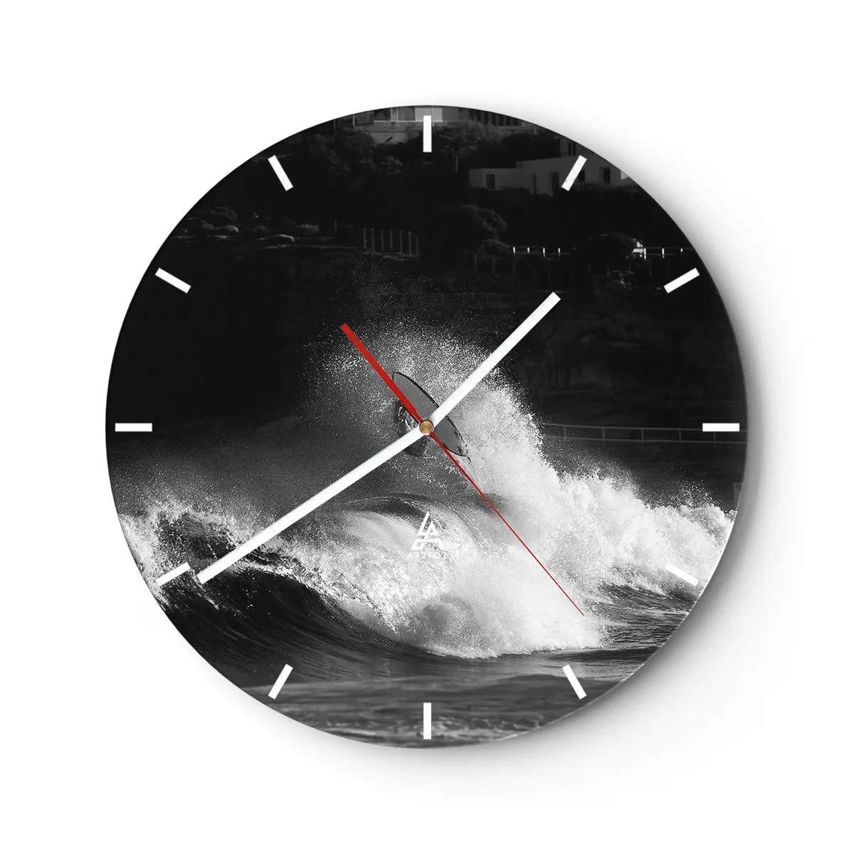 Relógio de parede - Relógio em vidro - Um surfista em uma onda em uma composição em preto e branco - 30x30cm - Desafio aceito! - Decoração de parede moderna para a sala de estar, cozinha e quarto ARTTOR