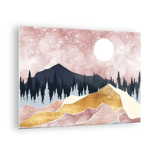 Quadro em vidro - Montanhas e florestas ao luar contra um céu rosa - 70x50cm - Ronda Noturna - Decoração de parede moderna para a sala de estar e quarto ARTTOR