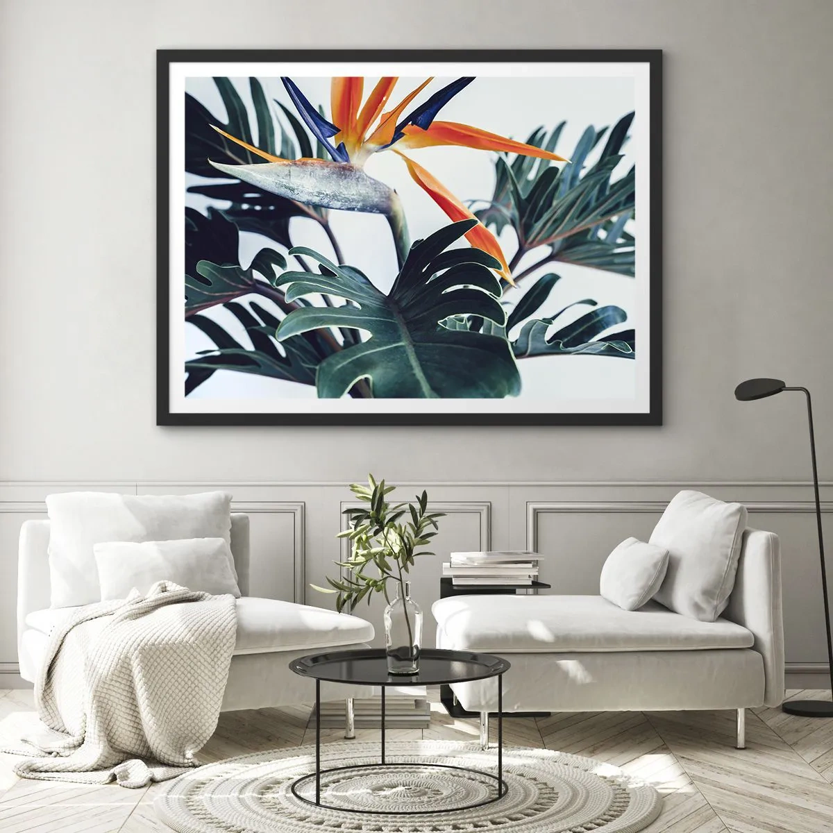 Pôster com moldura preta - Arbusto de passarinho - 70x50 cm