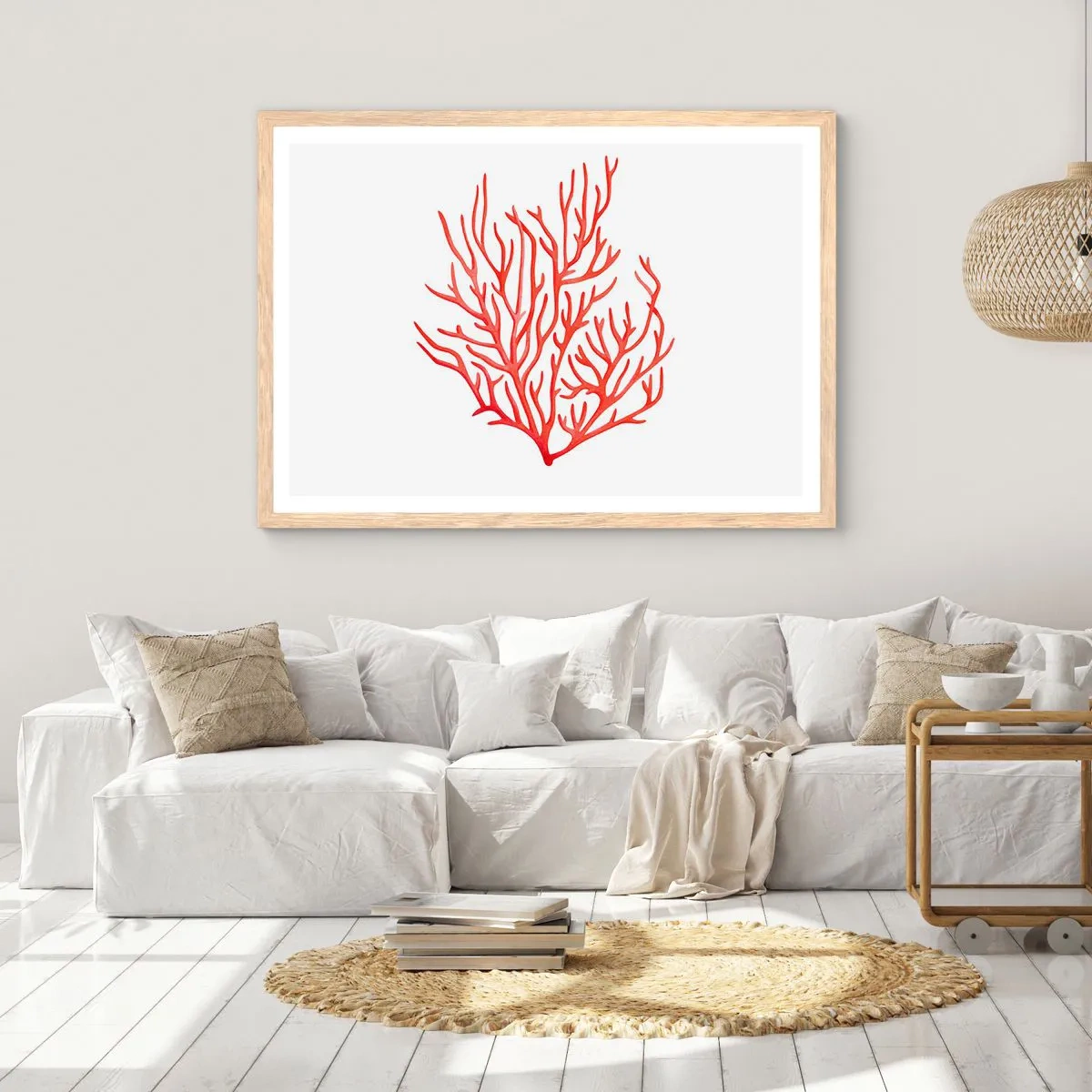 Pôster com moldura de carvalho claro - Filigrana coral - 100x70 cm