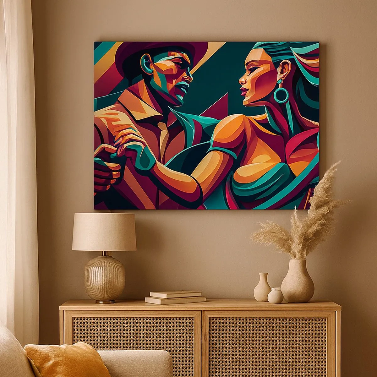 Quadro em tela - Um casal estilizado dançando em cores vibrantes e geométricas. - 70x50cm - No ritmo do coração - Decoração de parede moderna para a sala de estar e quarto ARTTOR