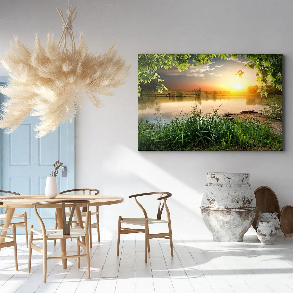 Quadro em tela - Paisagem verde com um lago ao pôr do sol - 70x50cm - Paisagem em uma moldura verde - Decoração de parede moderna para a sala de estar e quarto ARTTOR