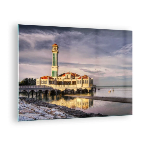 Quadro em vidro - Mesquita na água sob uma luz pitoresca - 70x50cm - Templo da natureza - Decoração de parede moderna para a sala de estar e quarto ARTTOR