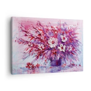 Quadro em tela - Um buquê colorido de flores em tons de rosa e roxo - 70x50cm - Inocência e paixão  - Decoração de parede moderna para a sala de estar e quarto ARTTOR