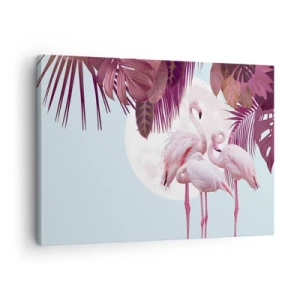 Quadro em tela - Flamingos cor-de-rosa contra o fundo da lua e folhas tropicais - 70x50cm - Três graças de pássaros - Decoração de parede moderna para a sala de estar e quarto ARTTOR