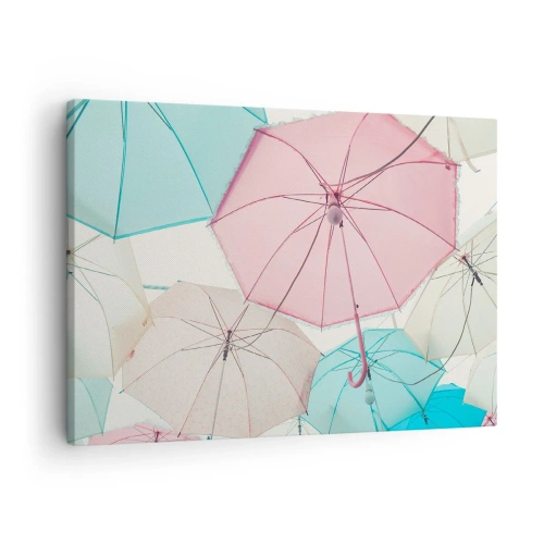 Quadro em tela - Guarda-chuvas em tons pastéis contra um céu claro - 70x50cm - Às vezes sol, às vezes chuva - Decoração de parede moderna para a sala de estar e quarto ARTTOR