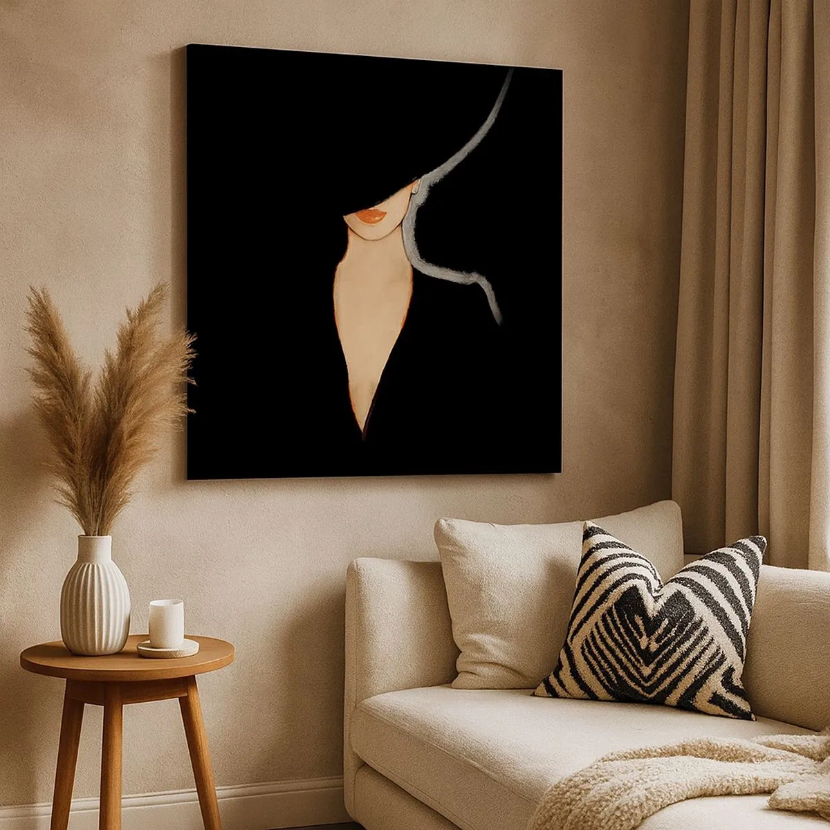 Quadro em tela - Silhueta de uma mulher com um chapéu em um fundo preto - 70x50cm - Elegância e estilo - Decoração de parede moderna para a sala de estar e quarto ARTTOR