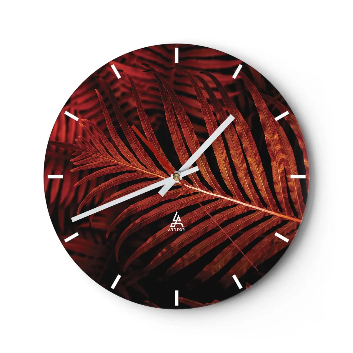 Relógio de parede - Relógio em vidro - Folhas vermelho-alaranjadas de uma planta tropical em um fundo escuro - 30x30cm - O calor da vida - Decoração de parede moderna para a sala de estar, cozinha e quarto ARTTOR