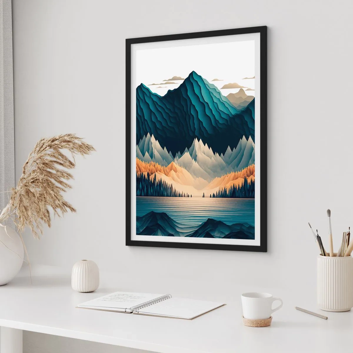 Pôster com moldura preta - Paisagem de montanha estilizada com um lago em tons de azul - 50x70cm - Paisagem montanhosa perfeita - Decoração de parede moderna para a sala de estar e quarto ARTTOR