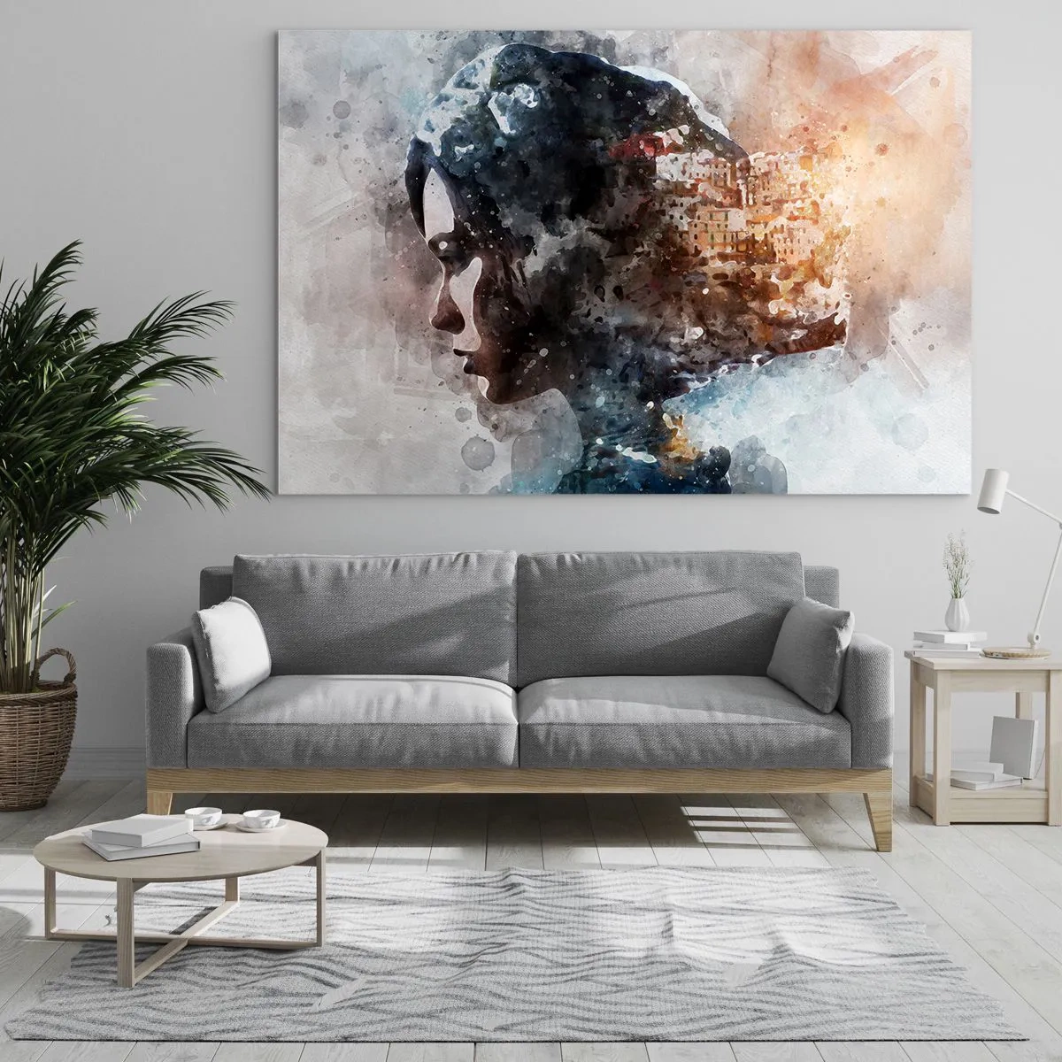 Quadro em vidro - Um perfil em estilo aquarela de uma mulher com uma cidade ao fundo. - 70x50cm - Uma história sobre uma menina e uma cidade ao fundo - Decoração de parede moderna para a sala de estar e quarto ARTTOR