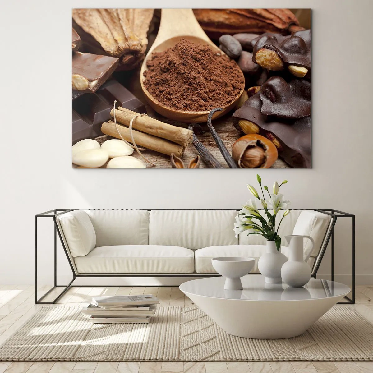 Quadro em vidro - Uma colher de cacau cercada de chocolate, especiarias e nozes - 70x50cm - O melhor para as tristezas - Decoração de parede moderna para a sala de estar e quarto ARTTOR
