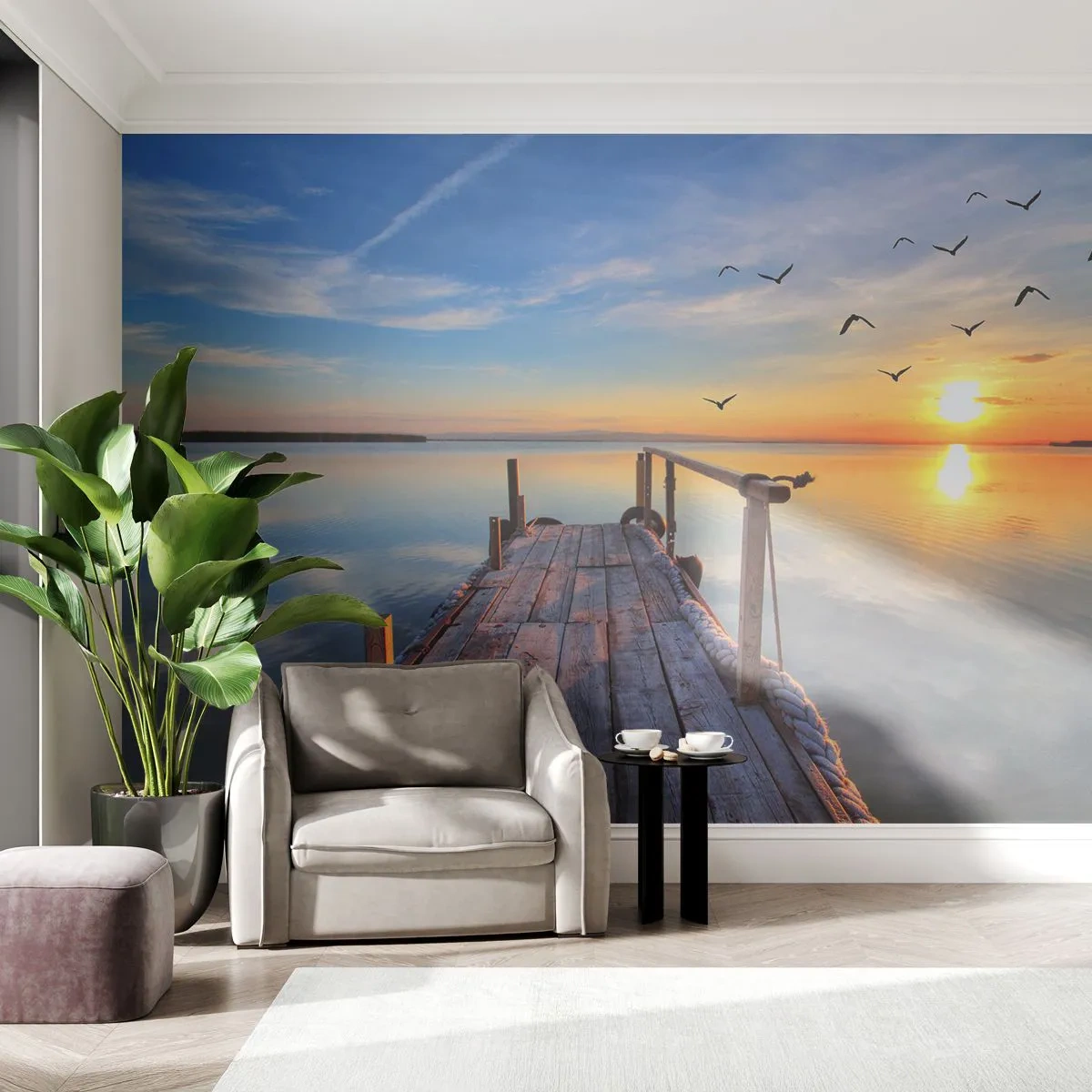 Papel de Parede Autocolante Deluxe Sticker - Caminhando em direção ao sol - Paisagem, Lago, Ponte de madeira - 250x175 cm