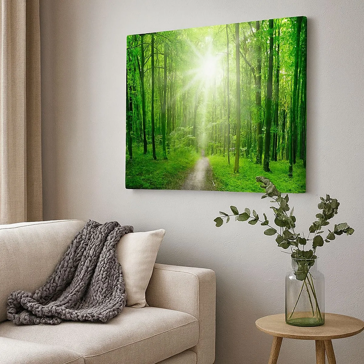Quadro em tela - Caminho na floresta com raios de sol - 70x50cm - Catedral Verde - Decoração de parede moderna para a sala de estar e quarto ARTTOR