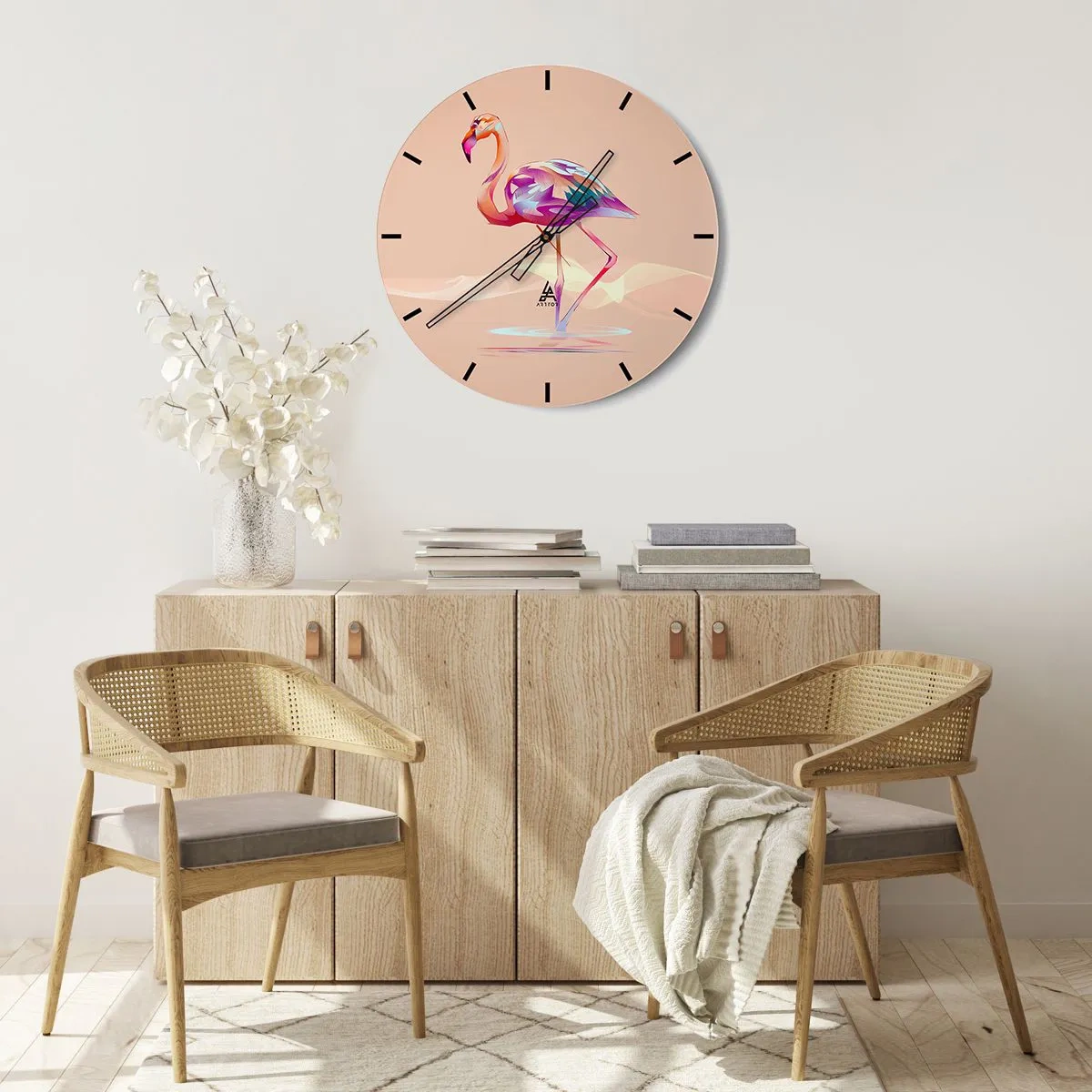 Relógio de parede - Relógio em vidro - Flamingo com padrão geométrico sobre fundo bege - 30x30cm - A ave das boas emoções - Decoração de parede moderna para a sala de estar, cozinha e quarto ARTTOR