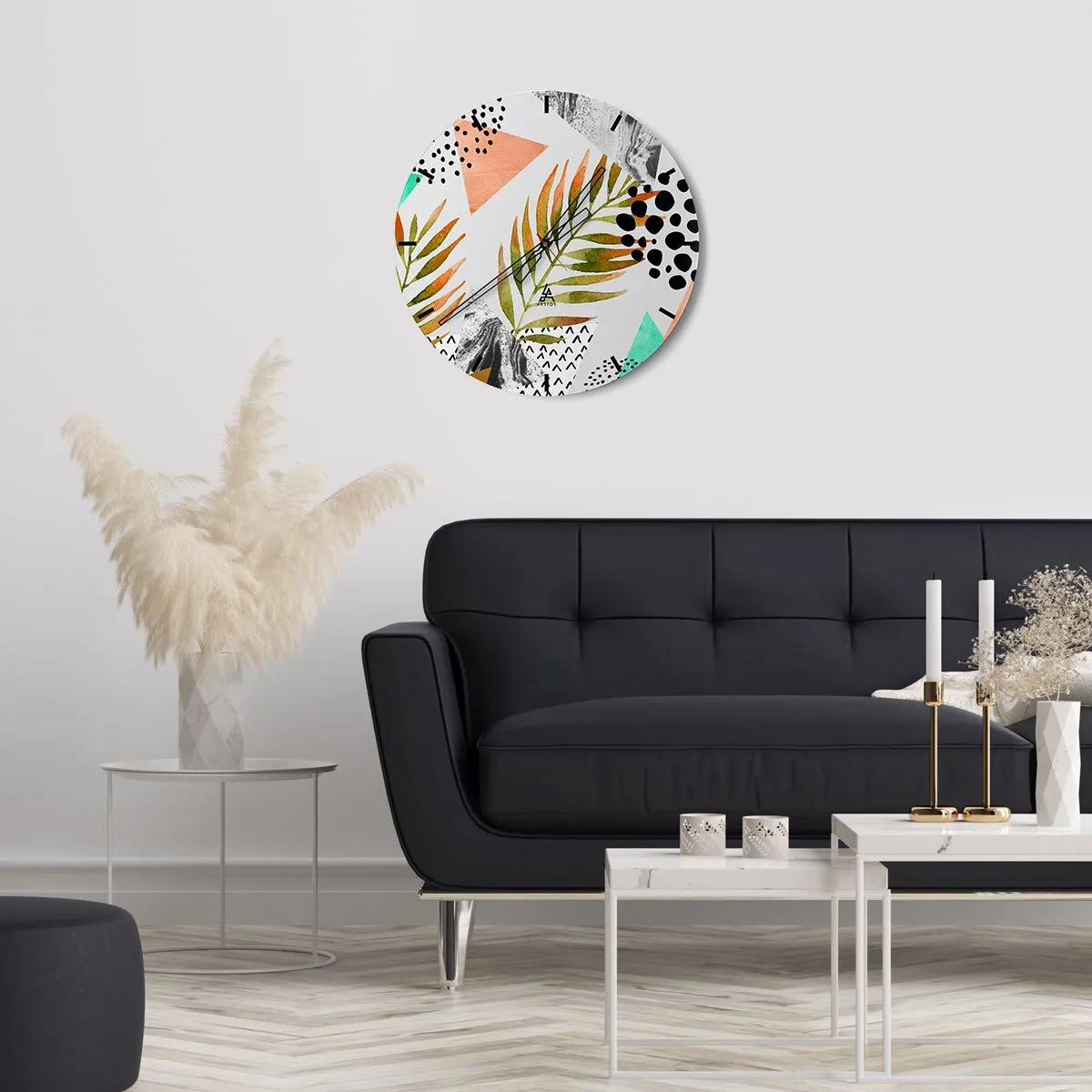 Relógio de parede - Relógio em vidro - Geometria e folhas em estilo aquarela - 30x30cm - Decoração em folha de palmeira - Decoração de parede moderna para a sala de estar, cozinha e quarto ARTTOR