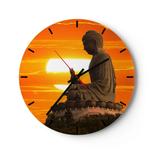 Relógio de parede - Relógio em vidro - Uma estátua de Buda tendo como pano de fundo um intenso pôr do sol em cores quentes. - 30x30cm - Sem medo do mundo - Decoração de parede moderna para a sala de estar, cozinha e quarto ARTTOR