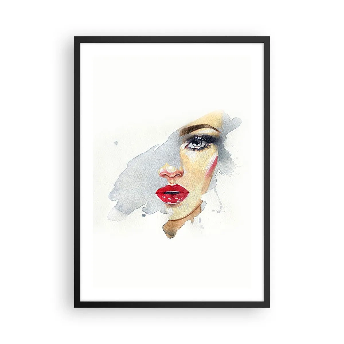 Pôster com moldura preta - Retrato em aquarela de uma mulher com lábios vermelhos - 50x70cm - Reflexão numa gota de água - Decoração de parede moderna para a sala de estar e quarto ARTTOR