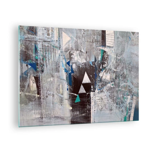 Quadro em vidro - Triângulos geométricos contra o fundo de uma composição abstrata em tons de cinza. - 70x50cm - A ordem superior dos triângulos - Decoração de parede moderna para a sala de estar e quarto ARTTOR