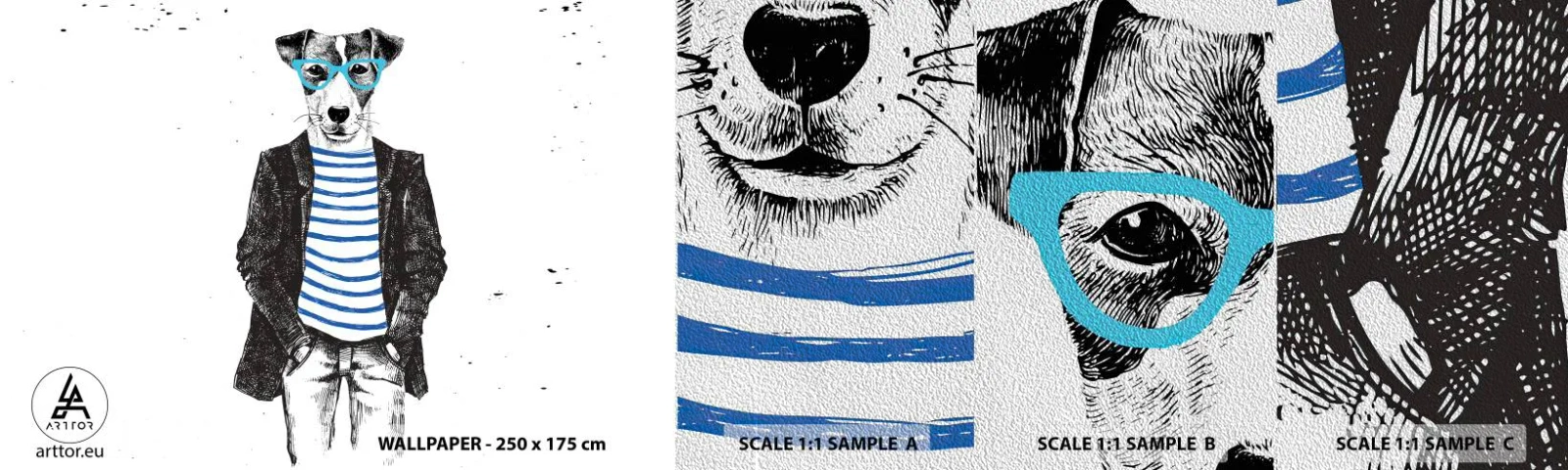 Amostra de papel de parede Premium Sand - O charme do cão - Abstração, Homem, Cachorro - 100x30 cm