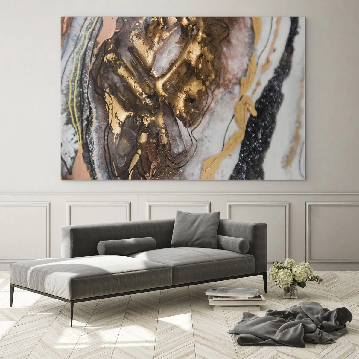 Quadro em vidro - Uma pintura abstrata em tons de dourado, marrom e branco com uma textura semelhante a mineral. - 70x50cm - O elemento terra - Decoração de parede moderna para a sala de estar e quarto ARTTOR