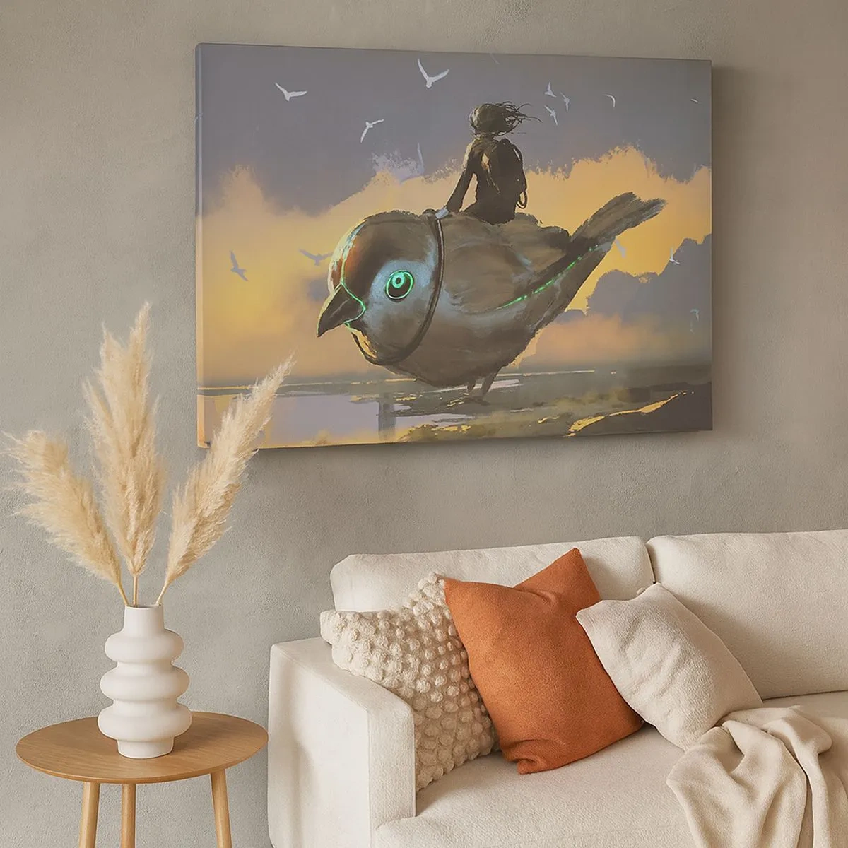 Quadro em tela - Cavaleiro em um pássaro gigante em uma paisagem surreal - 70x50cm - Uma parada numa viagem fantástica - Decoração de parede moderna para a sala de estar e quarto ARTTOR