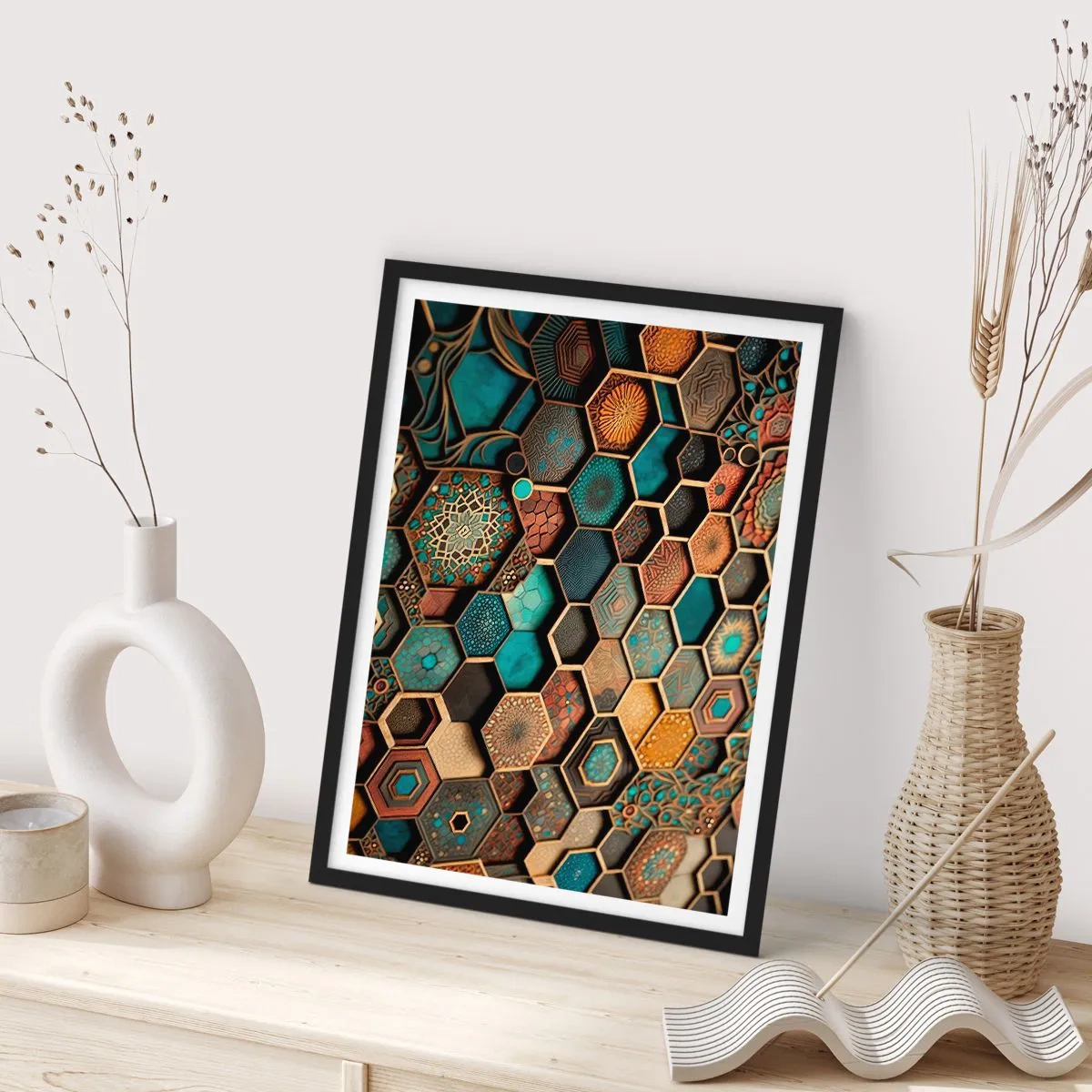 Pôster com moldura preta - Uma composição geométrica de hexágonos em uma paleta de dourado e turquesa. - 50x70cm - Ornamentos árabes – variação - Decoração de parede moderna para a sala de estar e quarto ARTTOR