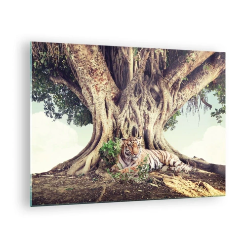 Quadro em vidro - Um tigre deitado sob uma árvore frondosa na selva - 70x50cm - Vista do livro de Gênesis - Decoração de parede moderna para a sala de estar e quarto ARTTOR