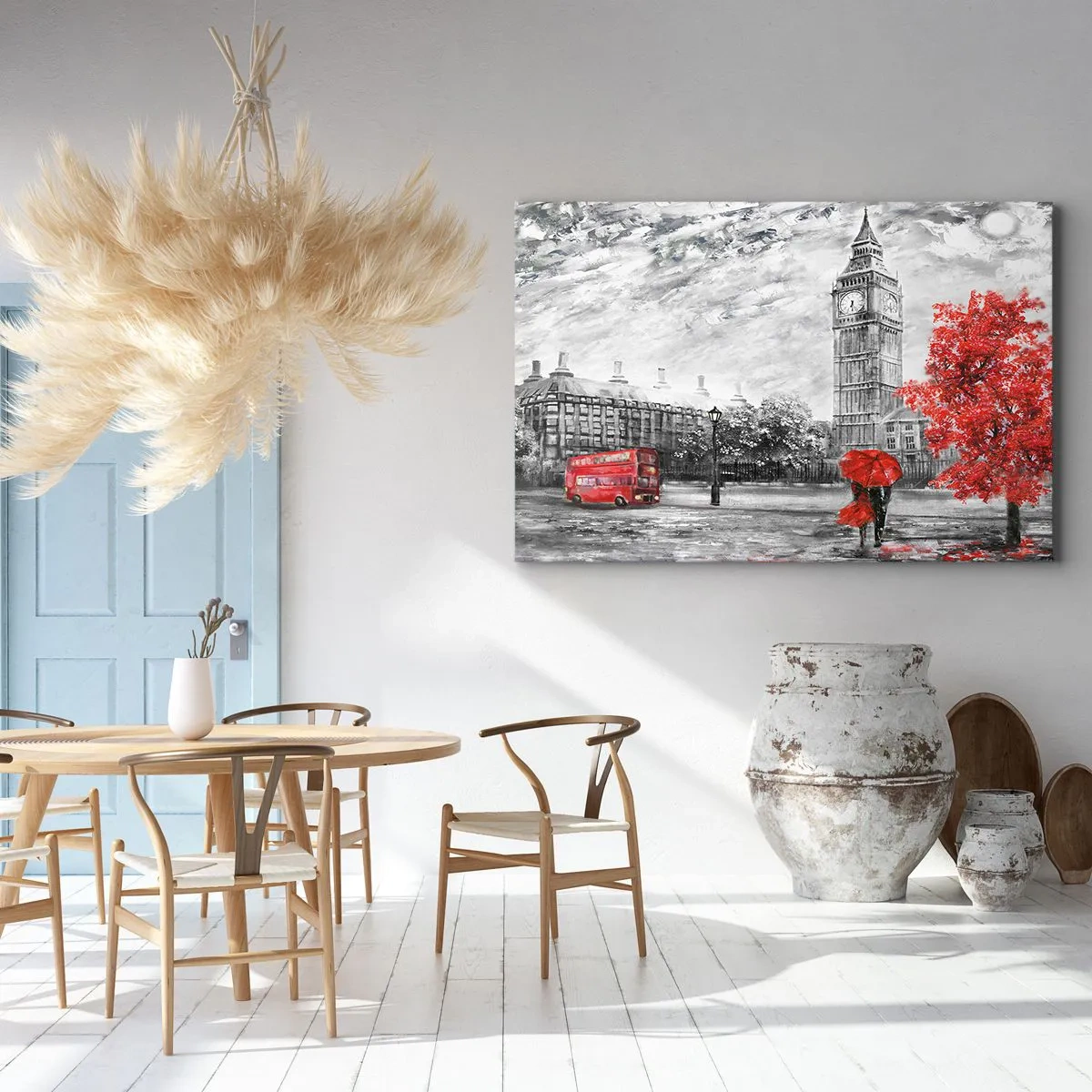 Quadro em tela - Vista icônica de Londres com o Big Ben, um ônibus vermelho e um guarda-chuva - 70x50cm - Um dia emocionante - Decoração de parede moderna para a sala de estar e quarto ARTTOR