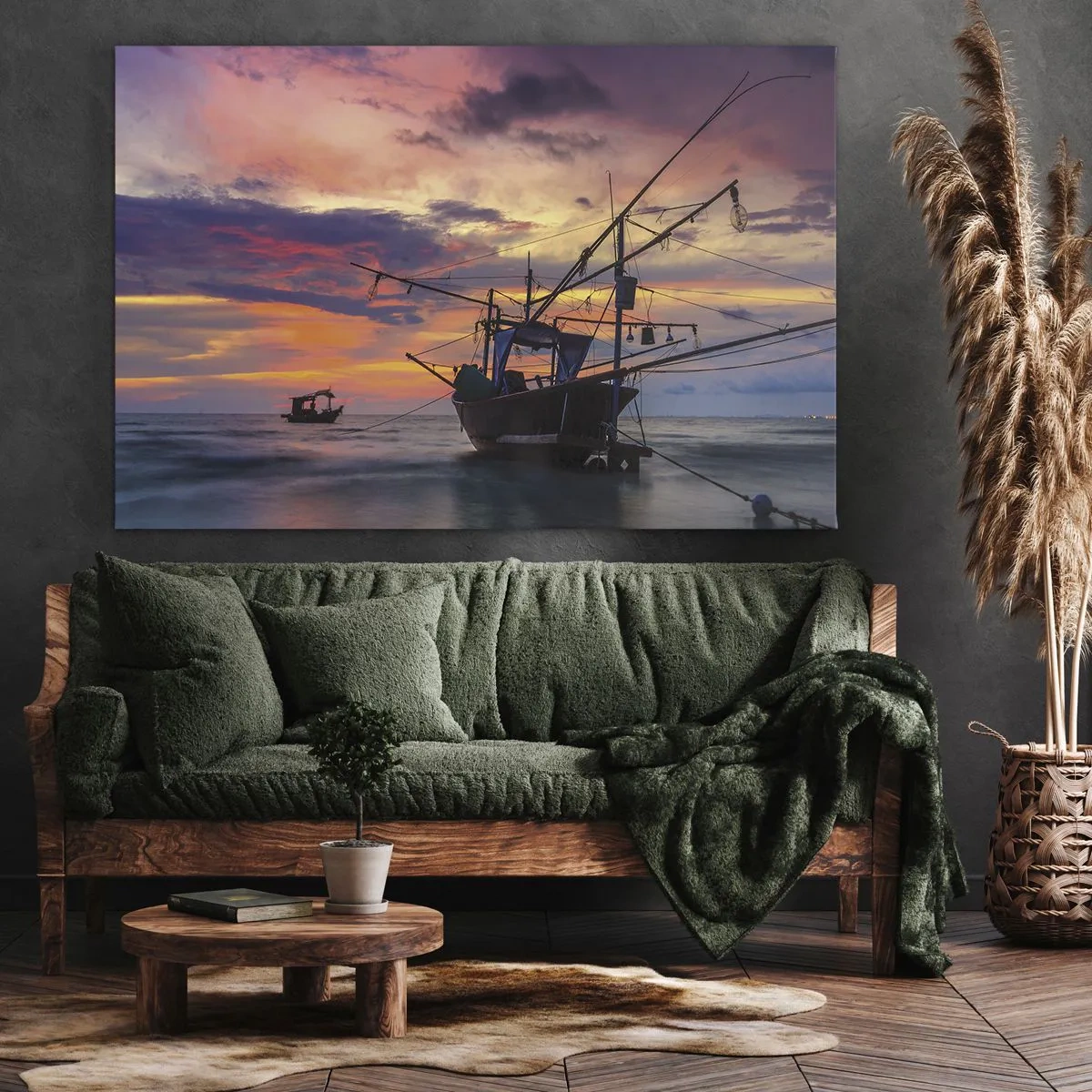 Quadro em tela - Um barco de pesca tendo como pano de fundo um pôr do sol colorido - 70x50cm - Noite exótica - Decoração de parede moderna para a sala de estar e quarto ARTTOR