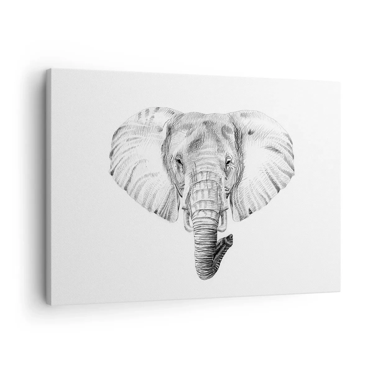 Quadro em tela - Desenho em preto e branco de uma cabeça de elefante sobre fundo branco - 70x50cm - Havia um elefante, grande como um elefante - Decoração de parede moderna para a sala de estar e quarto ARTTOR
