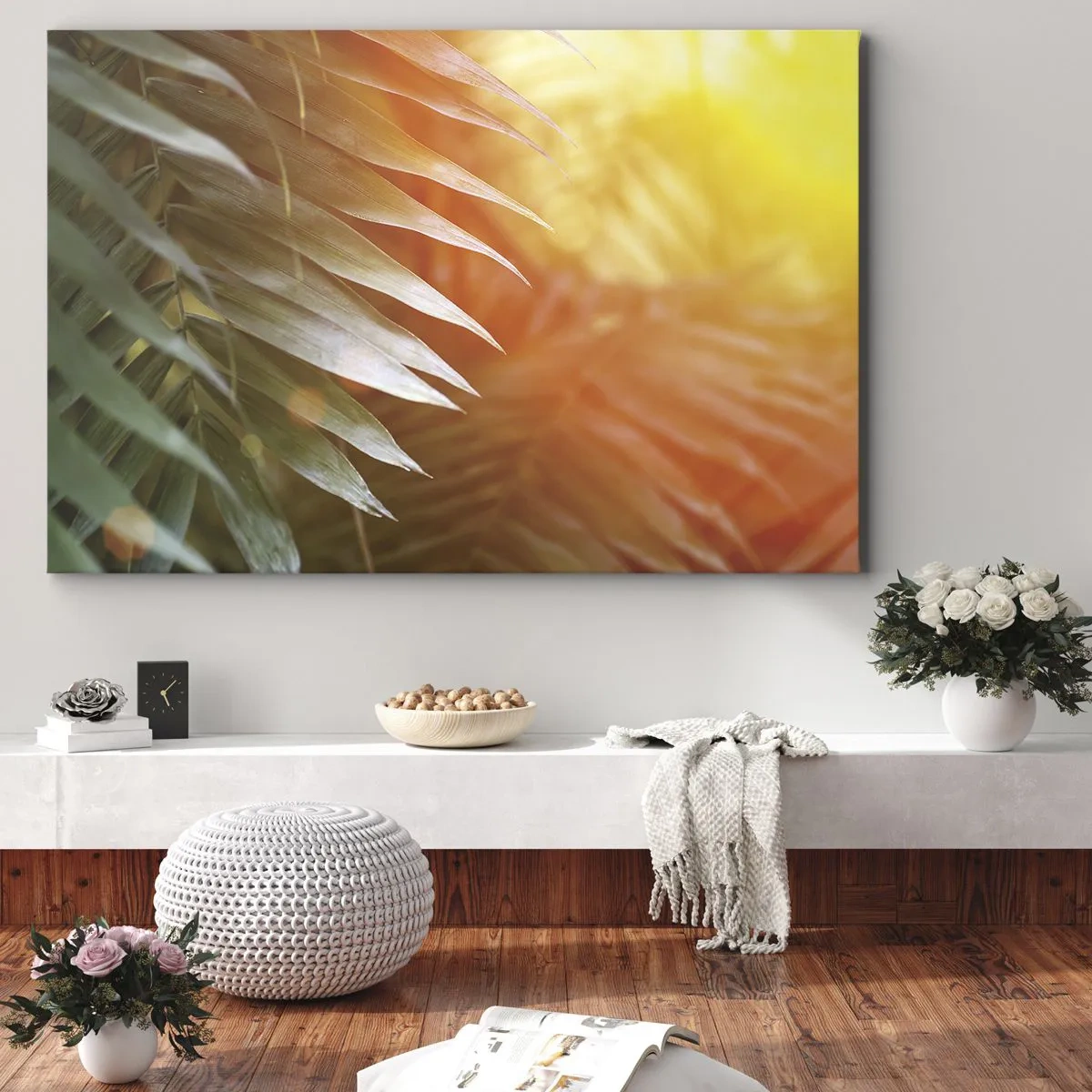 Quadro em tela - Folhas de palmeira sob os raios do pôr do sol - 70x50cm - Manhã na selva - Decoração de parede moderna para a sala de estar e quarto ARTTOR