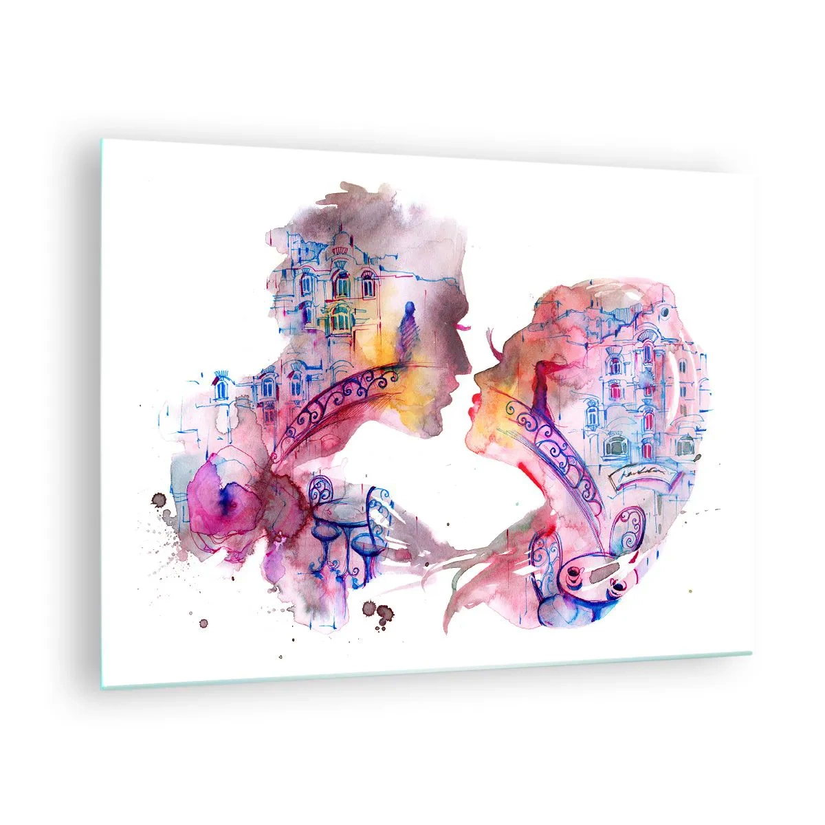 Quadro em vidro - Ilustração de um retrato abstrato de duas pessoas em forma de coração - 70x50cm - A ponte secreta dos suspiros - Decoração de parede moderna para a sala de estar e quarto ARTTOR
