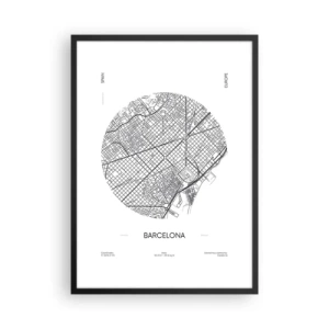 Pôster com moldura preta - Um mapa minimalista de Barcelona em preto e branco. - 50x70cm - Anatomia de Barcelona - Decoração de parede moderna para a sala de estar e quarto ARTTOR