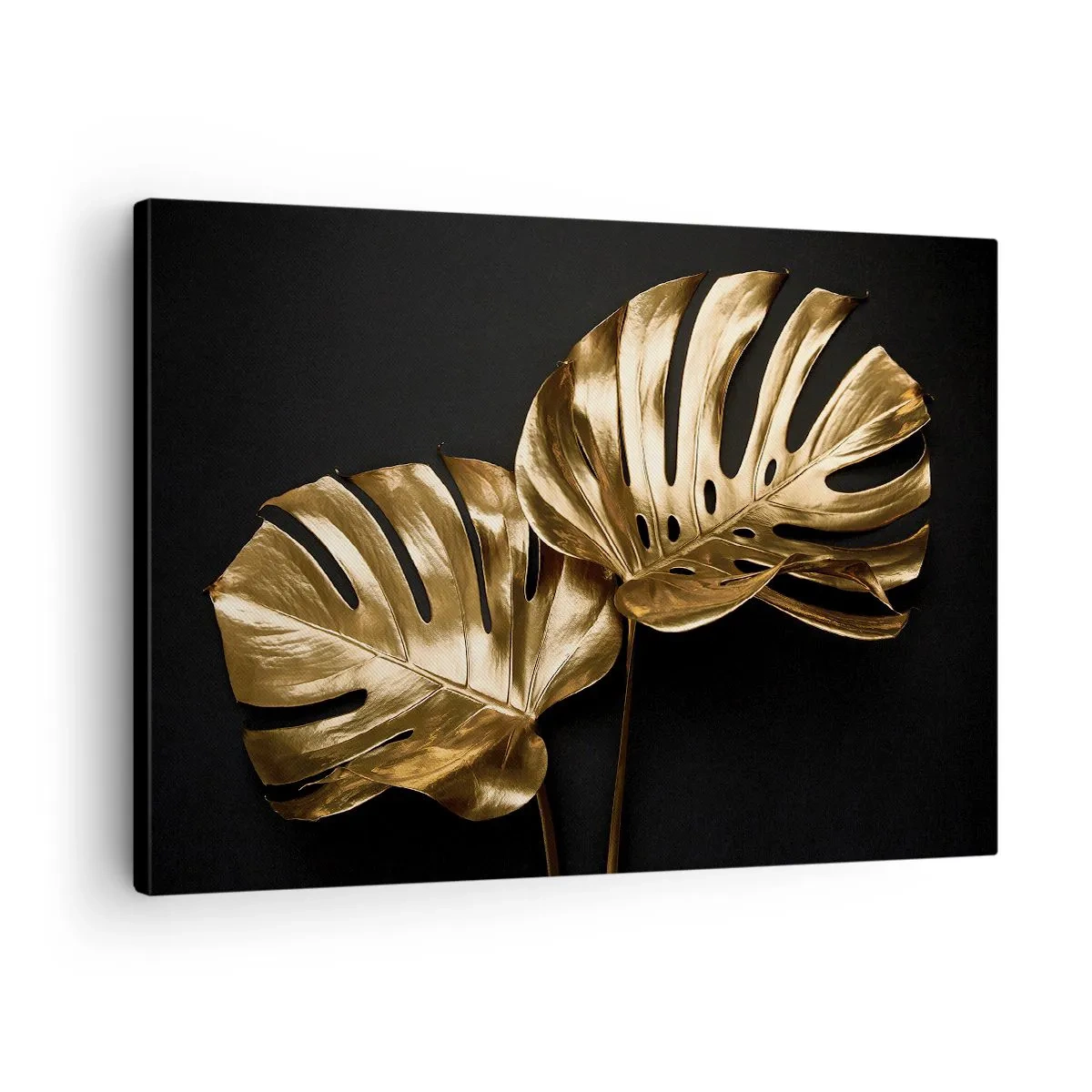 Quadro em tela - Folhas de monstera douradas em um fundo preto - 70x50cm - Tesouros da natureza - Decoração de parede moderna para a sala de estar e quarto ARTTOR