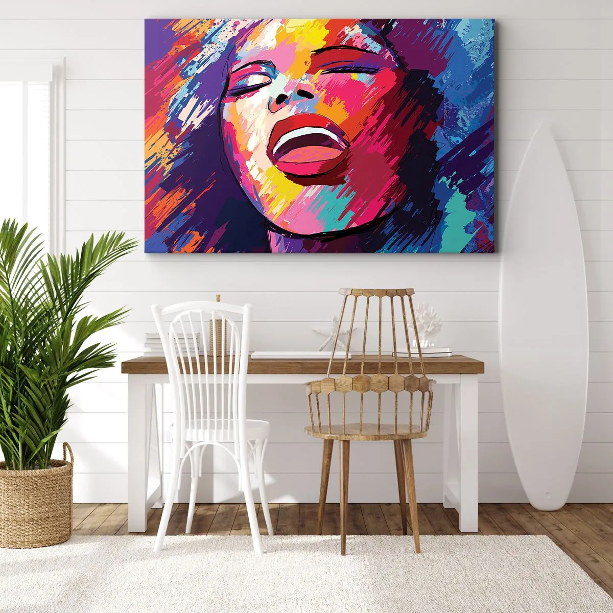 Quadro em tela - Retrato abstrato de uma mulher em cores vivas - 70x50cm - Cantar uma vida inteira - Decoração de parede moderna para a sala de estar e quarto ARTTOR