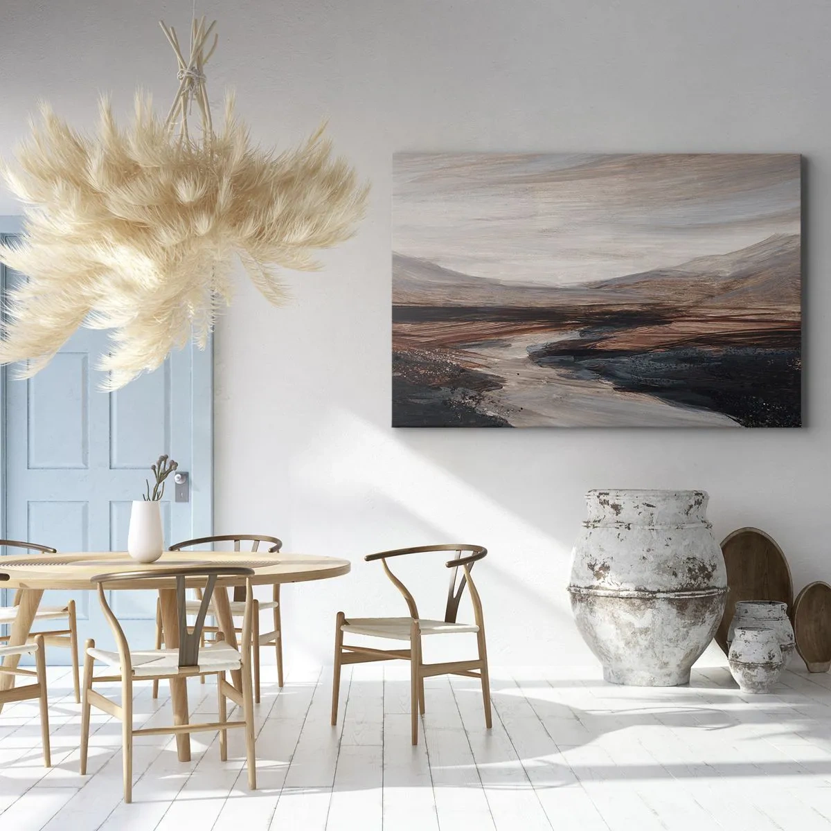 Quadro em tela - Uma paisagem pitoresca com um rio e montanhas - 70x50cm - Um vale tranquilo - Decoração de parede moderna para a sala de estar e quarto ARTTOR