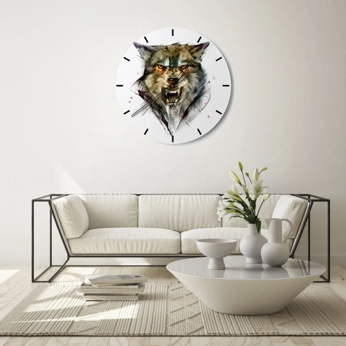 Relógio de parede - Relógio em vidro - Um retrato artístico de um lobo com um olhar intenso contra um fundo branco. - 30x30cm - Nem um passo! - Decoração de parede moderna para a sala de estar, cozinha e quarto ARTTOR