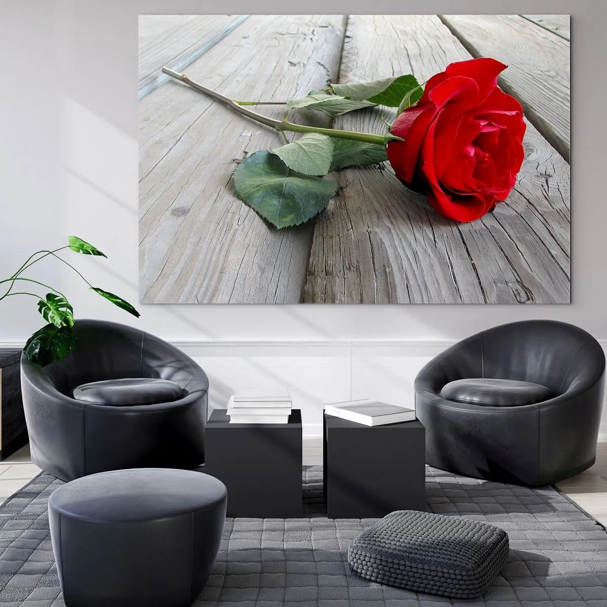 Quadro em vidro - Rosa vermelha em uma placa de madeira - 70x50cm - Um estudo em vermelho - Decoração de parede moderna para a sala de estar e quarto ARTTOR