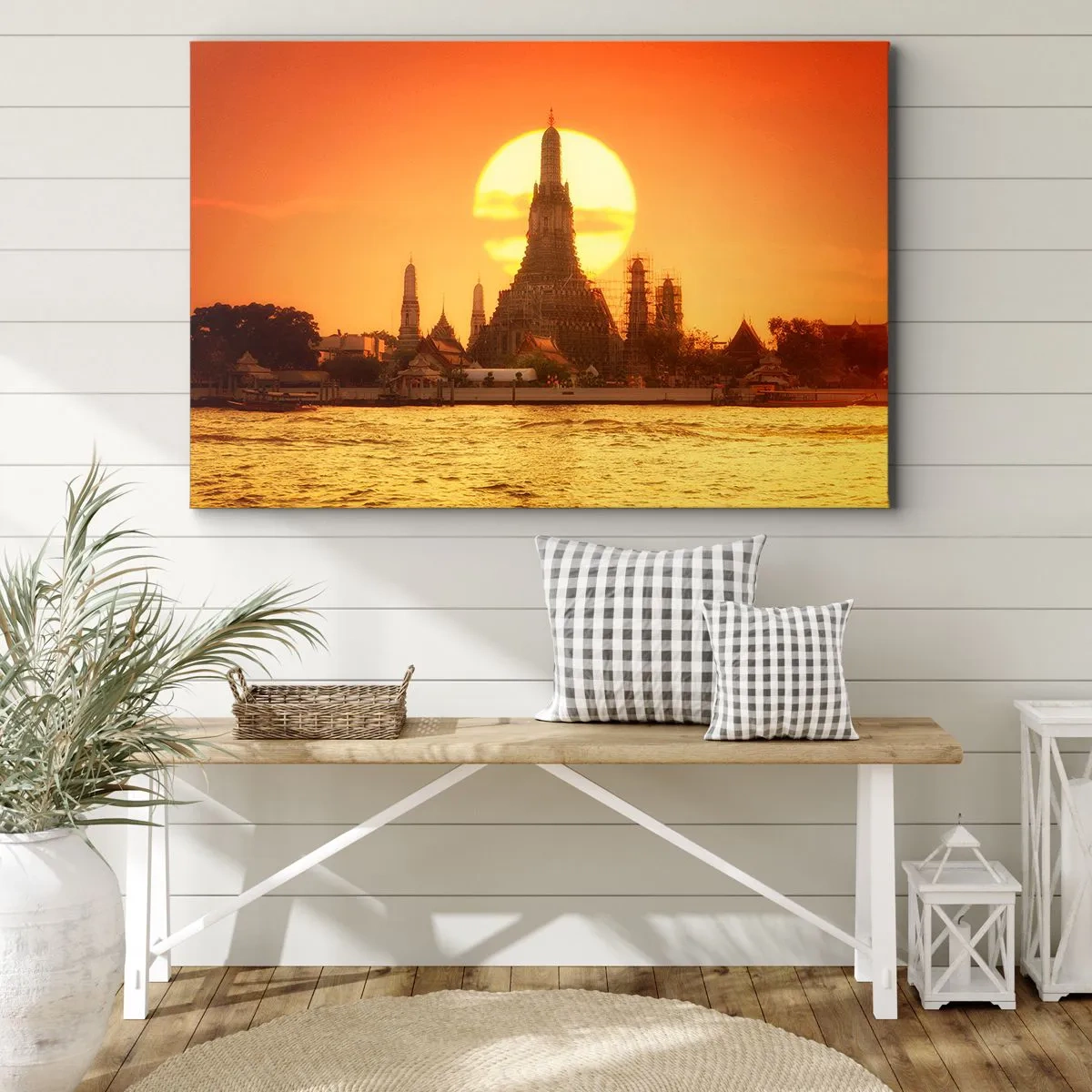 Quadro em tela - Pôr do sol sobre o templo com reflexo na água - 70x50cm - Rumo ao sol, sempre em direção ao sol - Decoração de parede moderna para a sala de estar e quarto ARTTOR