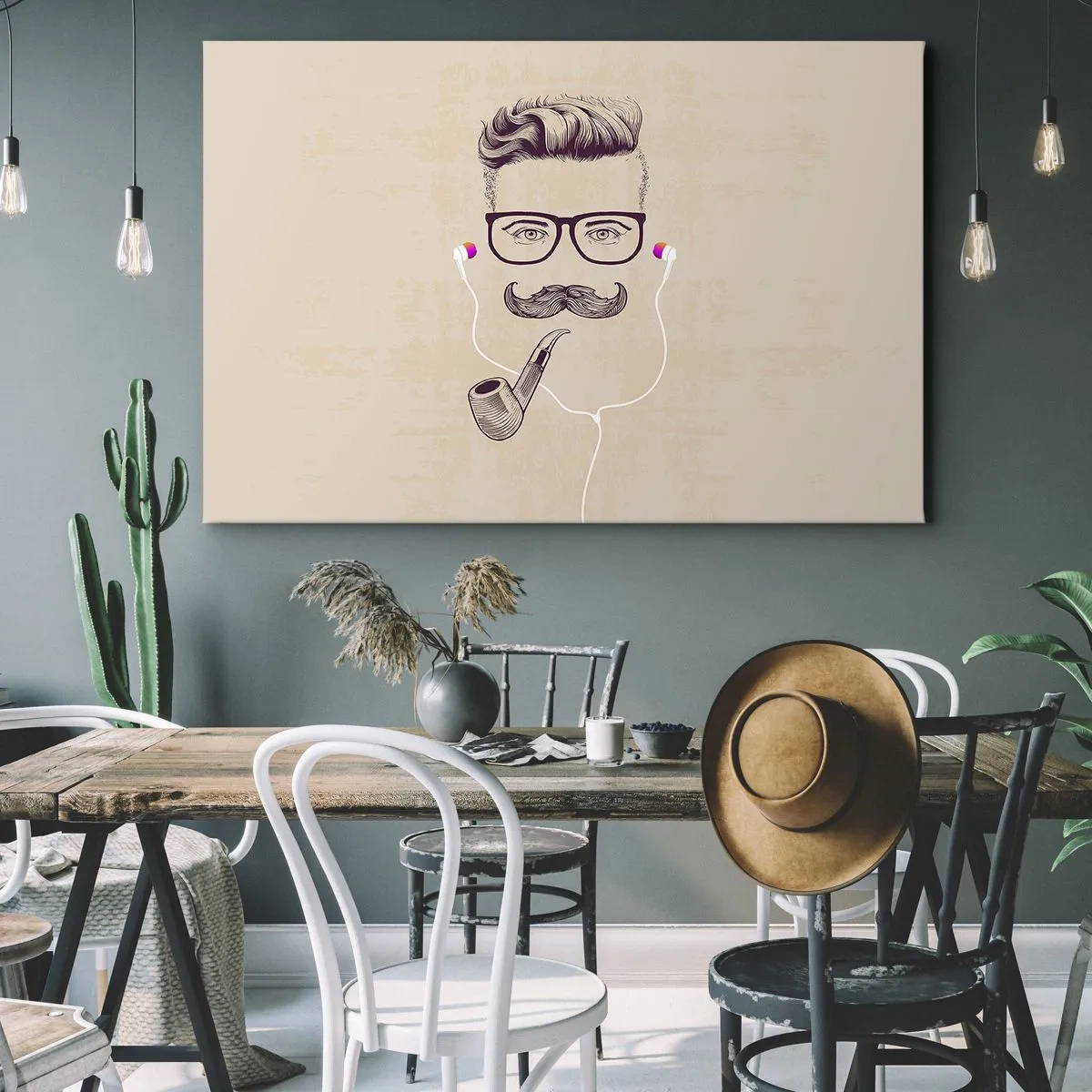 Quadro em tela - Retrato retrô de um homem com um cachimbo, fones de ouvido e óculos - 70x50cm - Um homem de verdade? - Decoração de parede moderna para a sala de estar e quarto ARTTOR
