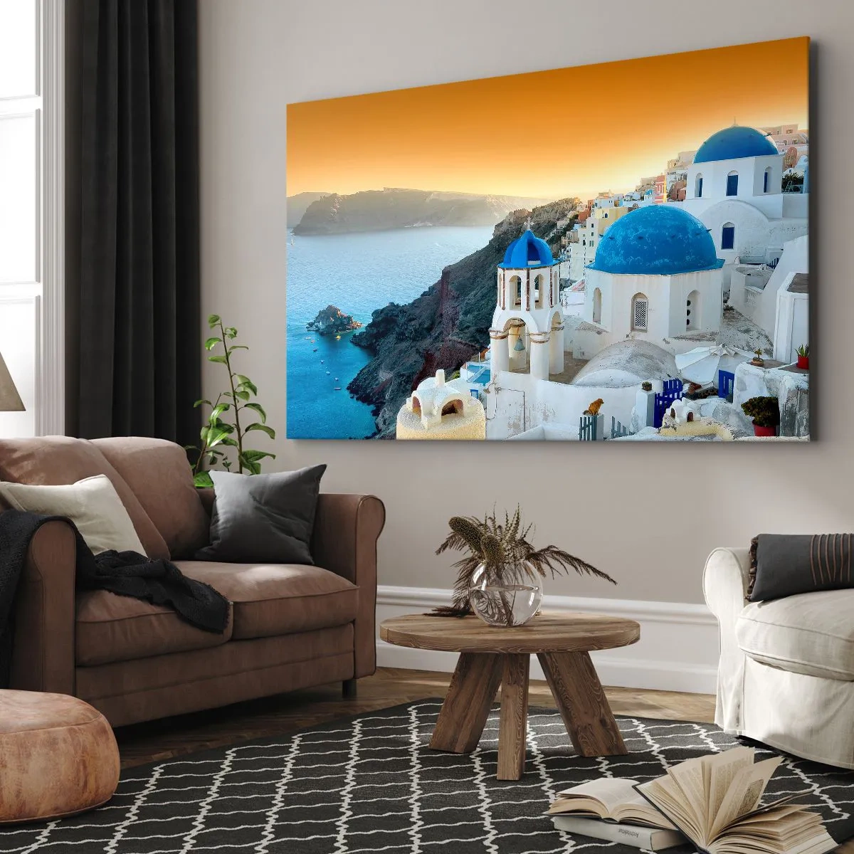 Quadro em tela - Vista de Santorini com edifícios brancos e mar azul - 70x50cm - Santorini - abraçada às rochas - Decoração de parede moderna para a sala de estar e quarto ARTTOR