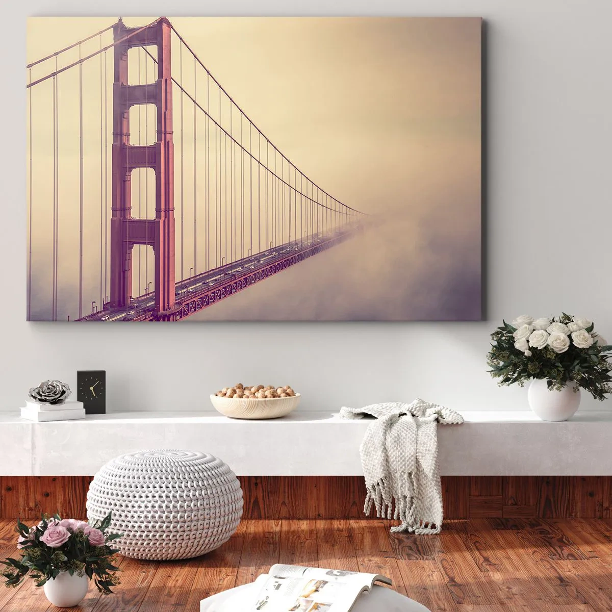 Quadro em tela - Uma ponte na neblina em tons pastéis, símbolo de elegância e paz - 70x50cm - Entre o céu e a terra - Decoração de parede moderna para a sala de estar e quarto ARTTOR