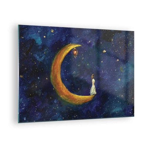Quadro em vidro - Uma figura na lua no céu noturno - 70x50cm - O Chamado do Mundo - Decoração de parede moderna para a sala de estar e quarto ARTTOR
