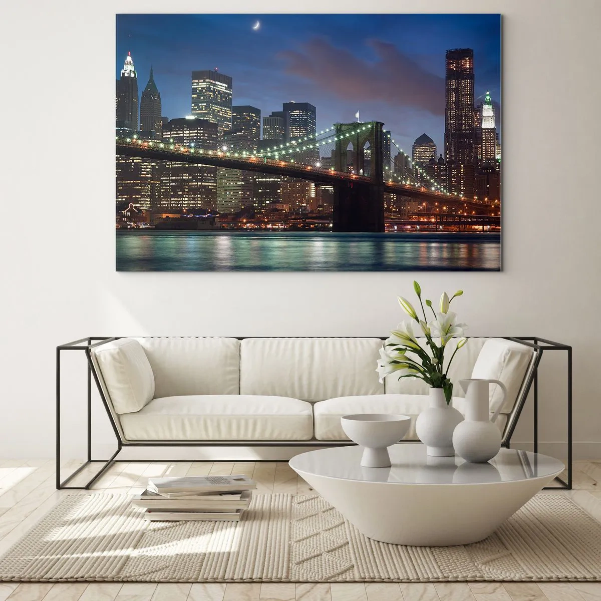 Quadro em vidro - Panorama da cidade com a ponte iluminada por luzes noturnas - 70x50cm - Noite brilhante - Decoração de parede moderna para a sala de estar e quarto ARTTOR