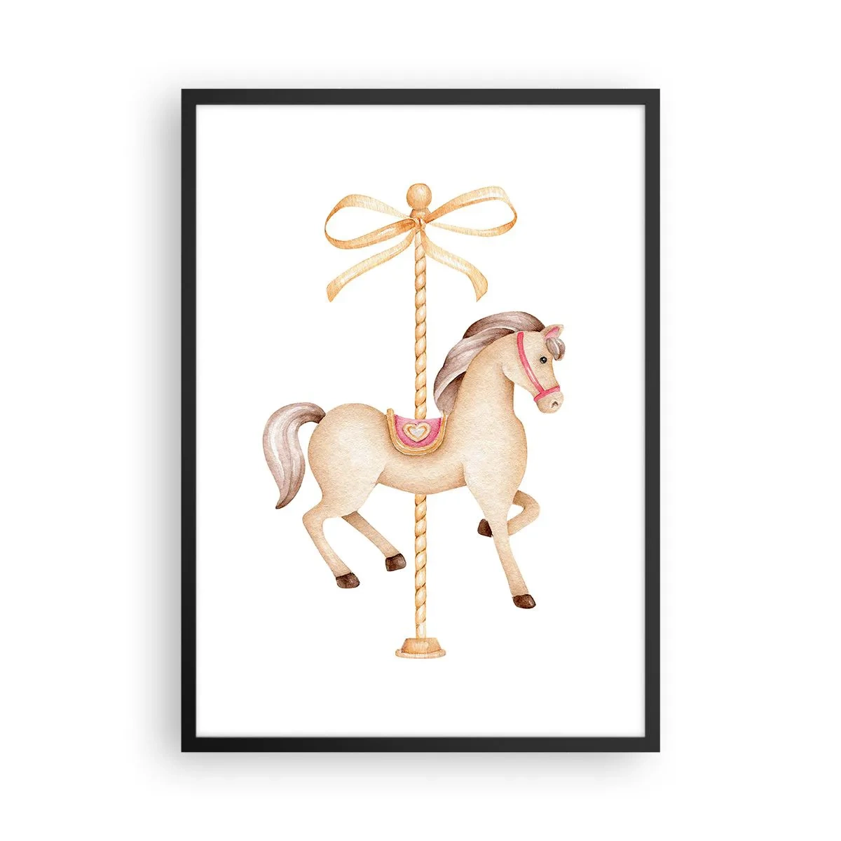 Pôster com moldura preta - Uma delicada ilustração de um cavalo de carrossel em tons pastéis - 50x70cm - Um trote gracioso - Decoração de parede moderna para a sala de estar e quarto ARTTOR