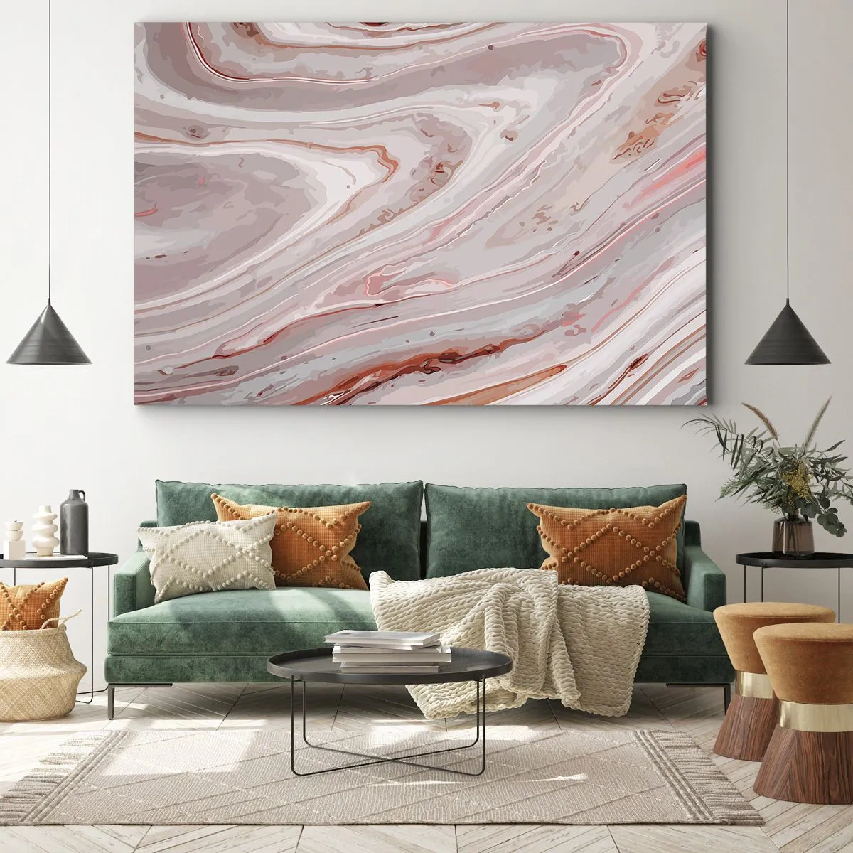 Quadro em tela - Ondas abstratas em delicados tons de rosa e bege - 70x50cm - Rosa líquido - Decoração de parede moderna para a sala de estar e quarto ARTTOR
