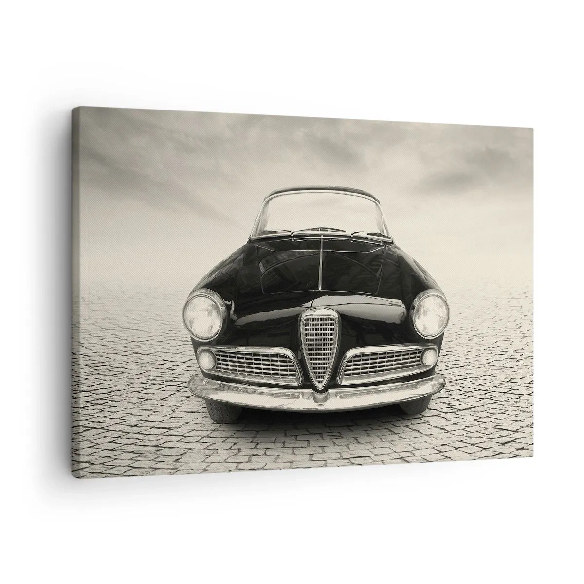 Quadro em tela - Um carro clássico em uma praça de paralelepípedos em estilo monocromático - 70x50cm - E como não me amar? - Decoração de parede moderna para a sala de estar e quarto ARTTOR