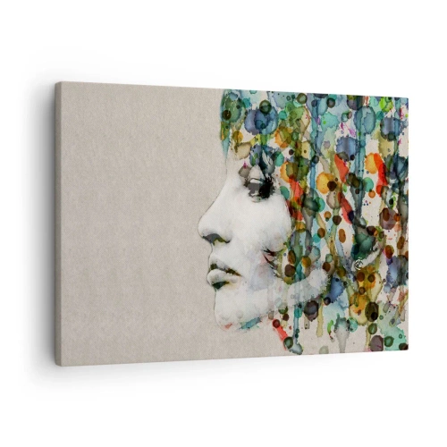 Quadro em tela - Perfil de uma mulher em cores aquarela com fundo abstrato - 70x50cm - Emergida das cinzas - Decoração de parede moderna para a sala de estar e quarto ARTTOR