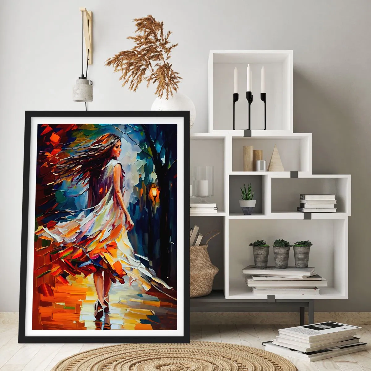 Pôster com moldura preta - Uma mulher dançando entre folhas coloridas de outono - 50x70cm - Garota outono - Decoração de parede moderna para a sala de estar e quarto ARTTOR
